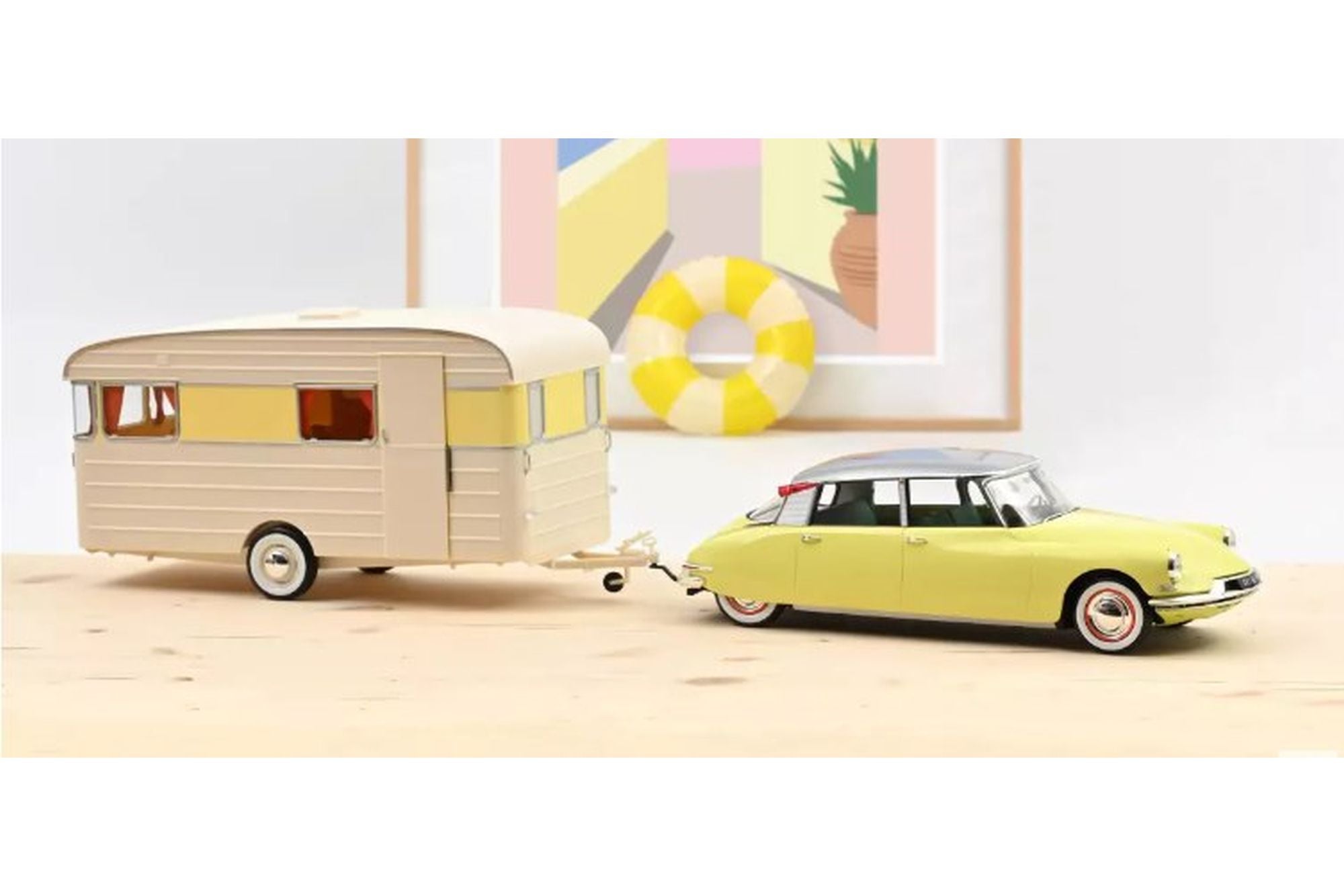 Schaalmodel Citroën Ds 19 1960 Jonquille Geel & Caravan Digue Panoramic Schaalmodel Citroën Ds 19 1960 Jonquille Geel & Caravan Digue Panoramic